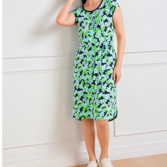 T by Talbots Blue Green Hawaiian Print Dress Tie Waist Navy Trimmed Caged Back - Picture 3 of 16